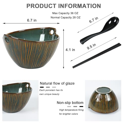 Ceramic Ramen Bowl with Chopsticks and Spoons Set, 6.7 Inch Noodle Bowl Set for Pho Udon Soba, Set of 2 (Ocean Blue) - color: Ocean Blue