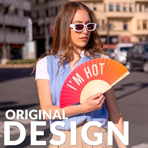 Fisura – Original Gradient Folding Fan with Message “I'm h*t”. Wooden Handheld Fan for Women with Hanger. Accessory for Weddings, Parties, Birthdays, Festivals and Creative Gift Ideas. - color: Hot, Pink Gradient