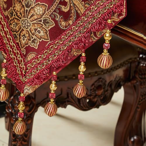 Luxury Vintage Table Runner 48 inches Long Embroidery Jacquard Fabric with Multi-Tassels Table Runners for Dining Room Dresser Wedding Christmas Thanksgiving Party Decorations (Red, 12X48inch) - color: Red, size: 12X48inch