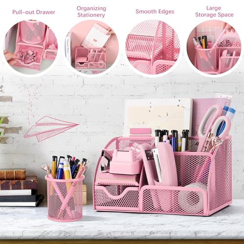 Fayoo 11 Pcs Pink Office Supplies Set Mesh Desk Organizer Accessories Kit - color: Pink
