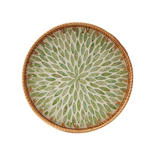 Round Rattan Tray with Mother of Pearl Inlay, Rattan Serving Tray with Wooden Base, Decorative Wicker Basket for Table Decor, Storage and Display of Coffee Bread Food Fruit (Leaf) - color: Leaf, size: 11.8"