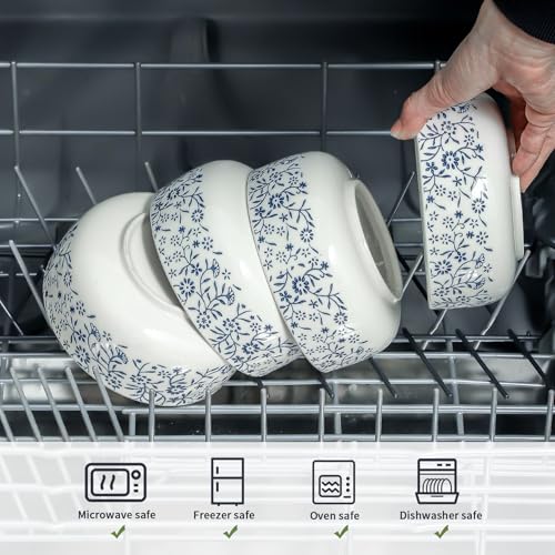 Large Soup Bowls Set of 4 Japanese Blue Ceramic Bowls for Cereal Ramen - color: 4PC white and blue