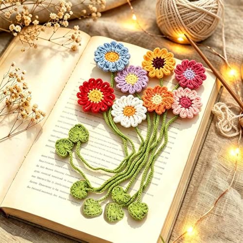 8 Pack Crochet Flower Bookmarks Daisy Sunflower Book Marks for Reading Gift - color: Colorful Flower