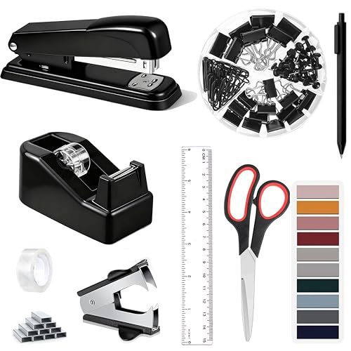 Dimonluce Office Desk Accessories, Black Office Supplies Accessories with Tape Dispenser, Stapler, Staple Remover, 1000 Staples, Tape, Clips Set, Ruler, Scissor, Pen - color: Black