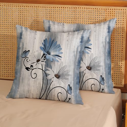 Spring Pillow Covers 18x18 Pack of 2 Blue Daisy Floral Throw Pillow Covers Outdoor Decoration Vintage Summer Flower Decor Pillowcase Farmhouse Decorative Linen Cushion Case for Couch Sofa - color: Blue Daisy, size: 18" x 18" (Pack of 2)