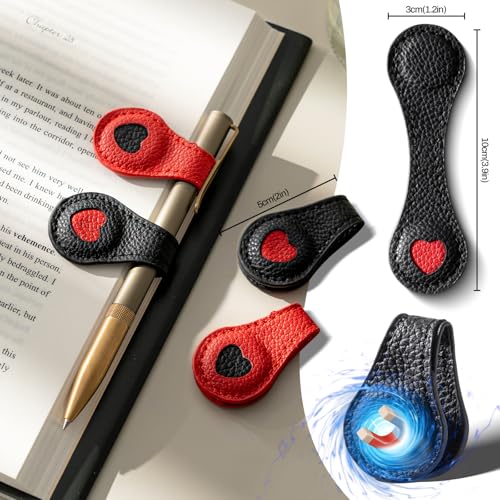 Ovesmusl 2Pcs PU Leather Heart Magnetic Bookmarks with Pen Holder - style: Heart (Red+Black)