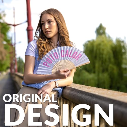 Fisura – Original folding fan with message “P*to calor”. Grey wooden handheld fan for women. Lightweight accessory for raves, weddings, birthdays, festivals, parties and creative gift ideas. - color: Calor, Grey and Pink