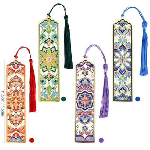 4 PCS Metal Bookmarks with Tassel, Golden Hollow Flower Bookmark Vintage Floral Mandala Theme Book Mark for Women Girls Book Lovers Writers Readers Teens Men - style: 4pcs Mandala