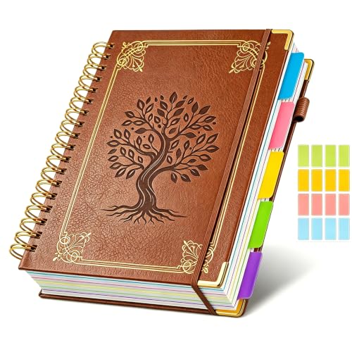 Hardcover Spiral Notebook Journal with Removable Dividers Tabs, 5 Subject Notebooks for Work School, 300 pages 8"x10" B5 leather Journal College Ruled, Cute Journal for Women Men, Brown - color: Brown