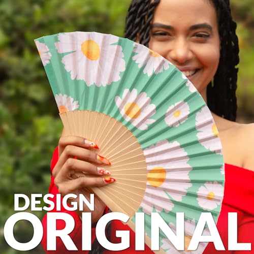 Fisura – Original “Daisy” Folding Fan. Green Wooden Handheld Fan for Women with Hanger. Elegant Accessory for Weddings, Parties, Festivals, Raves and Creative Gift Ideas. 16.7 x 9 - color: Daisies
