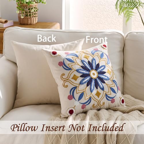 Embroidered Floral Throw Pillow Cover 22x22 Set of 1 Blue - color: Blue, size: 22" x 22" (Pack of 1)
