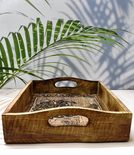 Wooden Serving Tray with Handles – 15 x 10 Inch Handcrafted Rectangular Tray for Snacks, Coffee, Tea, Dinner & Breakfast – Rustic Platter for Kitchen & Dining - color: Tree of Life - 15 X 10 Inch