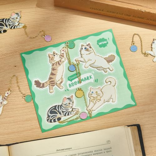 4 Pcs Cute Metal Cat Bookmarks with Chain Yarn Ball Charms for Book Lovers - color: Cat