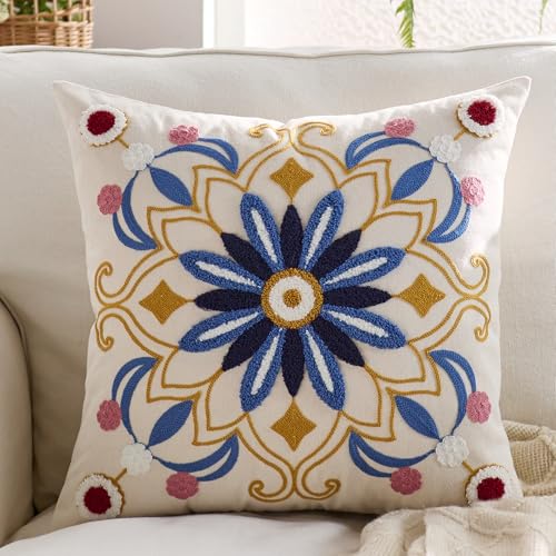 Embroidered Floral Throw Pillow Cover 18x18 Set of 1 Blue - color: Blue, size: 18" x 18" (Pack of 1)
