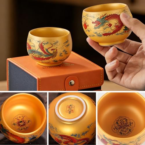 Minya Konka Dragon Phoenix Ceramic Tea Cups Pair - Hand-Painted Chinese Kung Fu Teacups Gift Set with Gold Glaze & Luxury Box, 6oz Wedding Anniversary Birthday Gift