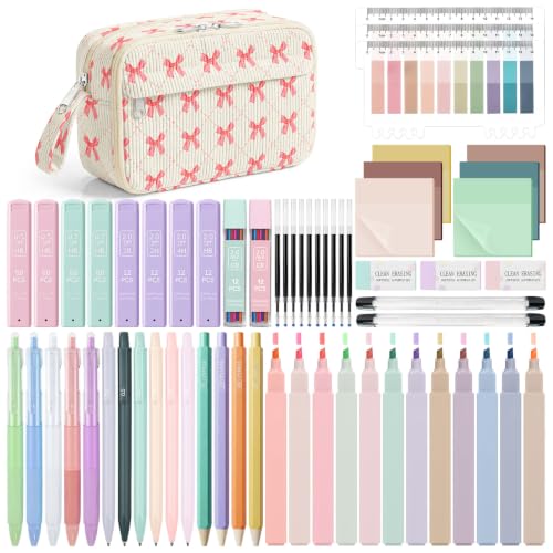 WOBAGMEN 62PCS Aesthetic School Supplies with Corduroy Pencil Case, Pastel Highlighters Gel Pens Mechanical Pencils, Cute College Essentials Set, Cute College Daily Essentials Set（Pink Bow） - color: Pink Bow