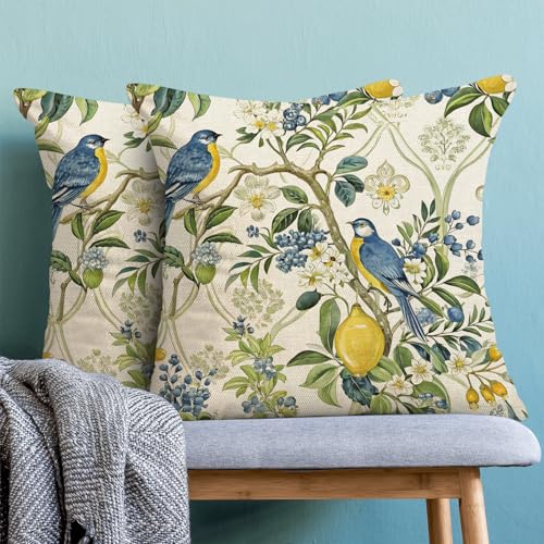 Chinoiserie Pillow Covers 18x18 Pack of 2 Blue Yellow Bird Lemon Floral Throw Pillow Cover Outdoor Decor Vintage Spring Summer Birds Pillowcase Farmhouse Decorative Cushion Case for Home Sofa - color: Bird Lemon Floral, size: 18" x 18" (Pack of 2)
