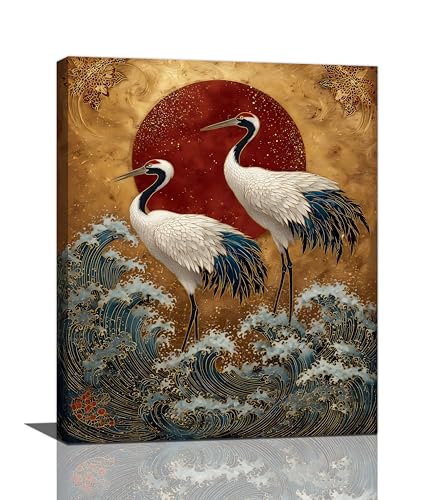 Japanese Crane Wall Art Gold Oriental Asian Wall Decor Sandhill Crane Canvas Pictures Paintings Prints Japan Traditional Aesthetic Artwork Framed Chinese Decorations For Bedroom Living Room Office Gifts 16" x 20" - color: Gold Crane, size: 20"L x 16"W