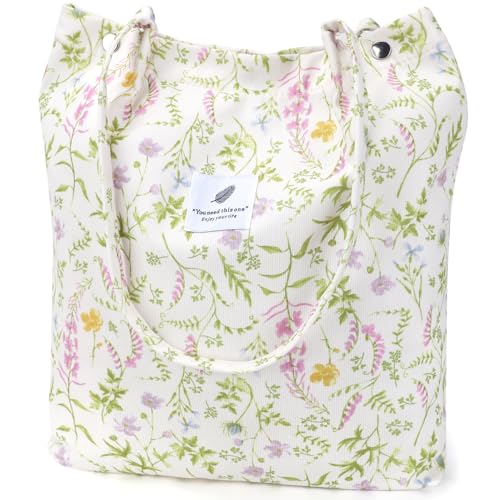 Ayieyill Corduroy Tote Bag for Women Canvas Shoulder Cord Purse with Inner Pocket - color: Green Plant