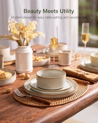 Famiware Star Stoneware Dinnerware Sets for 8, Reactive Glaze Plates, Bowls - color: Cappuccino White