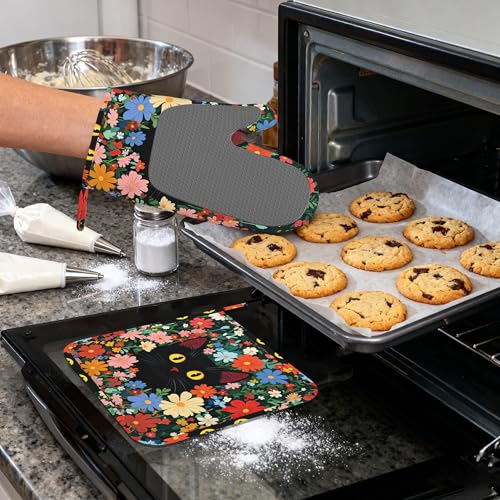 Funny Black Cat Heat-Resistant Silicone Oven Mitts and Pot Holders 4 Piece Set,Flower Field Extra Long Non-Slip Kitchen Oven Gloves for Cooking, Baking, BBQ,Grilling - color: Funny Black Cat Flower Field