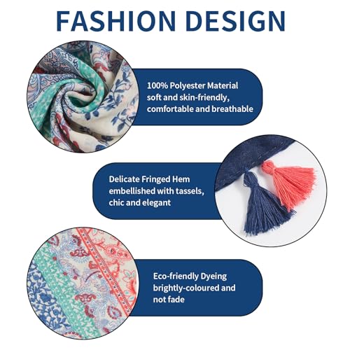QIUTIMIY Scarf for Women Lightweight Soft Floral Leopard Printed Scarves Fall Winter Fashion Shawl Wrap with Fringe - color: Flower-blue Orange