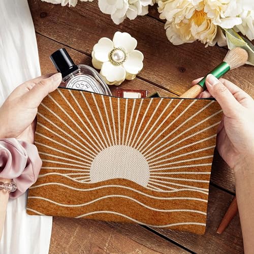 Abstract Boho Sun Sunlight Makeup Bag, Retro Mid Century Modern Burn Orange Boho Sunset Sunrise Cosmetic Bags Toiletry Bag Makeup Pouch - color: Boho - Sun