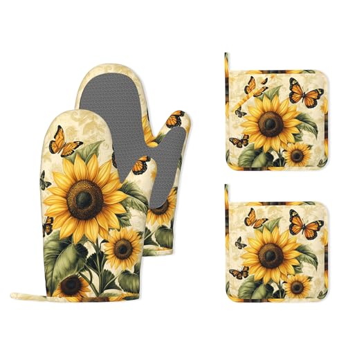 Vintage Sunflower Silicone Oven Mitts and Pot Holders,Butterfly Heat-Resistant 4 Piece Kitchen Set Non-Slip Oven Gloves and Hot Pads for Cooking, Baking, Grilling,BBQ - color: Vintage Sunflower Butterfly