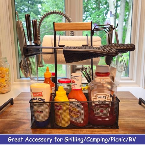 Geesta Grill Caddy for Outdoor Grill, BBQ Picnic Camping Caddy with Paper Towel Holder & Magnetic Tool Holder, Condiment Storage Utensil Kitchen Organizer for RV Camper, Tailgate Accessories