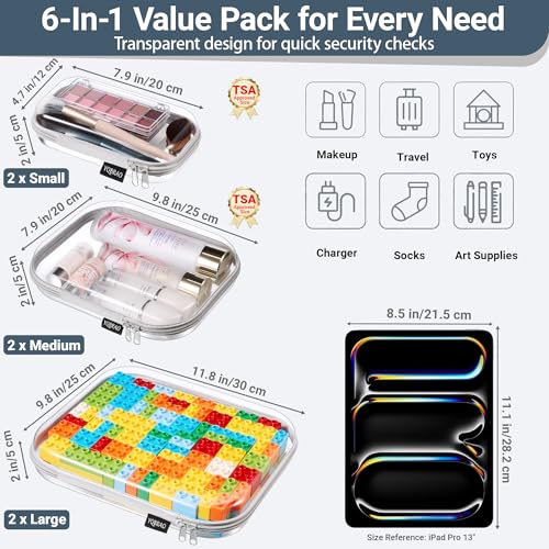 YQBRAO Clear Hard Shell Zipper Cases, 6 Multi-Size Organizers, Grey - color: Grey, size: 6 Pack (2L+2M+2S)