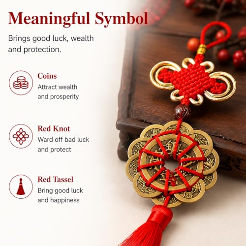 Feng Shui Coins with Red Chinese Knot, Lucky Coin Hanging Charm for Wealth and Good Fortune, Traditional Chinese Decor Ornament for Home, Car, Office