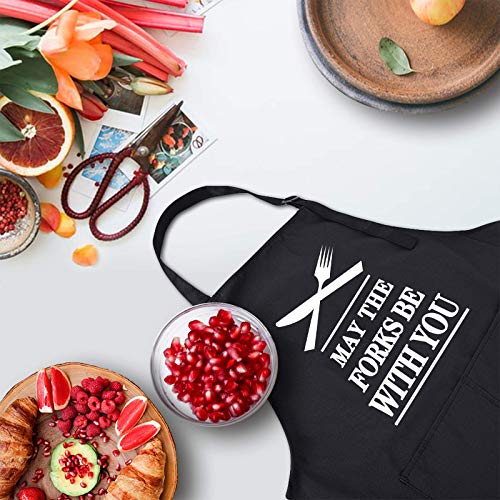 Rosoz Funny BBQ Black Chef Aprons for Men Adjustable Kitchen Cooking Aprons - color: May the Forks Be With You