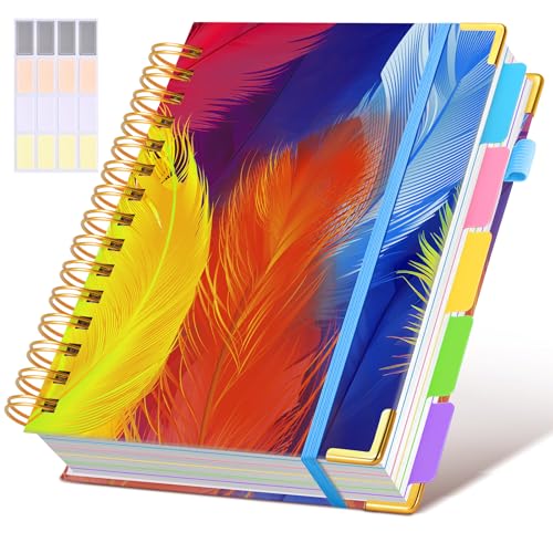 Hardcover Spiral Notebook journal with Removable Dividers Tabs, 300 Pages 5 Subject Notebook College Ruled, 100GMS Notebooks for Work School Note taking,Lined Journal for Women,A5 Colorful Feather - color: Colorful Feather, size: 6.2"x8.2"