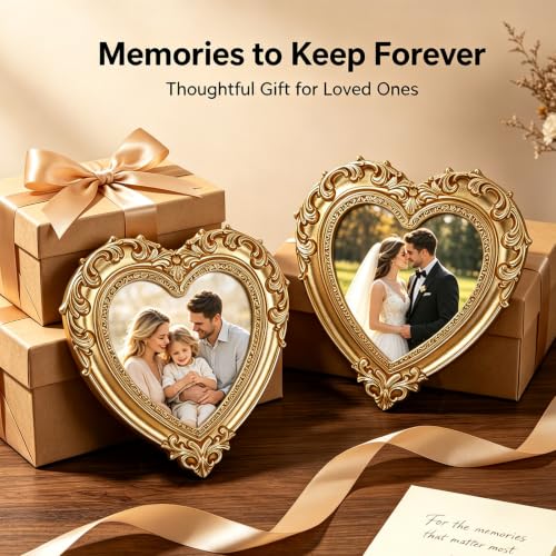 2-Pack Vintage Magnetic Photo Frame, DIY Heart Picture Holder for Fridge - color: Gold Heart Shape (2 packs)