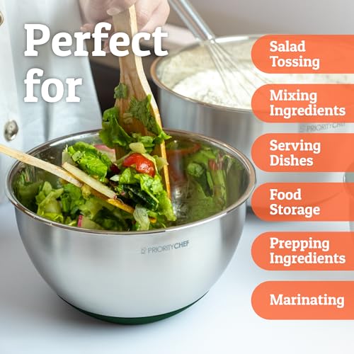 Priority Chef Premium Mixing Bowls With Airtight Lids Set, Thicker Stainless Steel Mixing Bowl Set, Large Prep Metal Bowls with Lids, Nesting Bowls for Kitchen, 1.5/2/3/4/5 Qrt, Green - color: Green