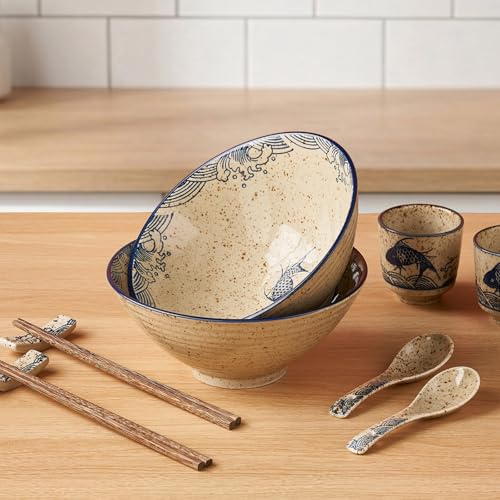 40 OZ Ceramic Ramen Bowl Set with Spoons, Chopsticks and Rests