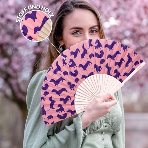 Fisura – Original “Sausage Dog” Folding Fan. Pink Wooden Handheld Fan for Women with Hanger. Lightweight Accessory for Weddings, Birthdays, Parties, Festivals and Fun Gift Ideas. - color: Sausage Dog