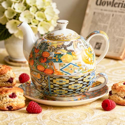 KAMMAK Tea for One Set, Ceramic Teapot, Bone China Tea Set, Cup and Saucer - color: Yellow-XY16