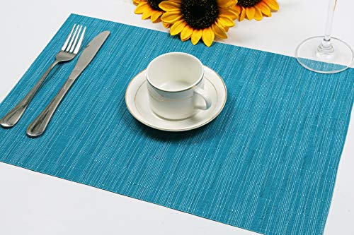 SHACOS Woven Vinyl Placemats Set of 6 Wipe Clean Wasahble Place Mats for Dining Table Heat Resistant Non Slip Table Mats (6, Teal Blue) - color: Teal Blue, size: Set of 6