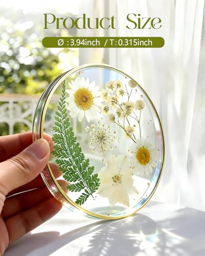 Oqplog Resin Drink Coaster for Desk Coffee Table-White Cute Dried Flowers Cup Coaster for Work Office Home Outdoor Decor Gifts for Girls Women,1 Pcs - color: White