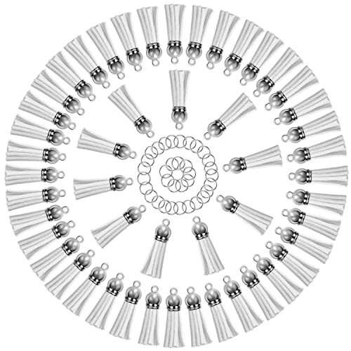 Keychain Tassels Bulk, Paxcoo Small Tassels for Jewelry Making, 50pcs Leather Tassel Keychain Charms with 50pcs Jump Rings for DIY Key Chain Craft - color: White