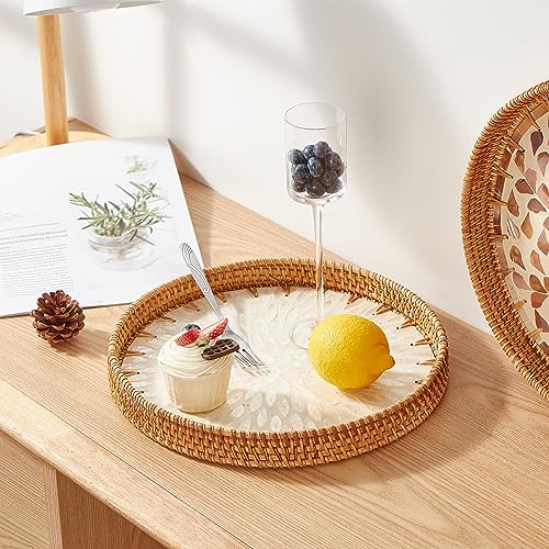 Kmelep Round Rattan Tray with Mother of Pearl Inlay, Rattan Serving Tray with Wooden Base, Decorative Wicker Basket for Table Decor, Storage and Display of Coffee Bread Food Fruit (Leaf 2) - color: Leaf 2, size: 11.8"