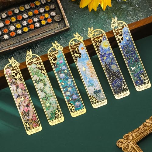 6 Pieces Metal Clip Bookmarks for Women, Golden Hollow Butterfly Bookmark Monet Oil Painting Theme Book Mark Birthday Funny Art Gifts for Book Lovers Writers Readers Children Teens Men - style: 6Pcs Clip