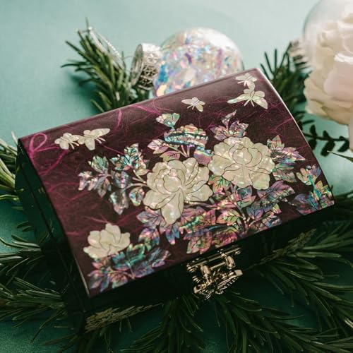 February Mountain Mother-of-Pearl Jewelry Box – Elegant Purple Lacquered Keepsake with Peony & Butterfly Design, Red Velvet Interior – Christmas, Birthday Gift, Unique Jewelry Organizer for Women - color: Purple Haze