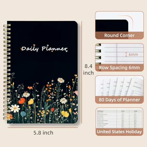 Undated Daily Planner - Spiral Notebook 80 Days One Day Per Page, Hourly Schedule, To-Do List, Notes, Everyday Planning Task, A5 Hardcover Journal Organizer Book Women Cute Aesthetic, Flower - color: Flower Shrub