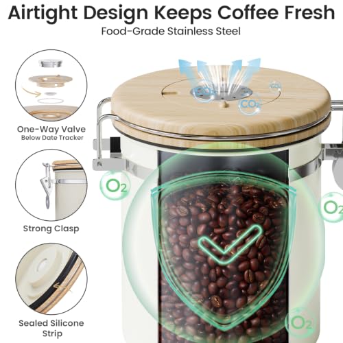 Veken Coffee Canister with Window, Airtight Stainless Steel Container, 16OZ - color: Cream, size: 16 oz