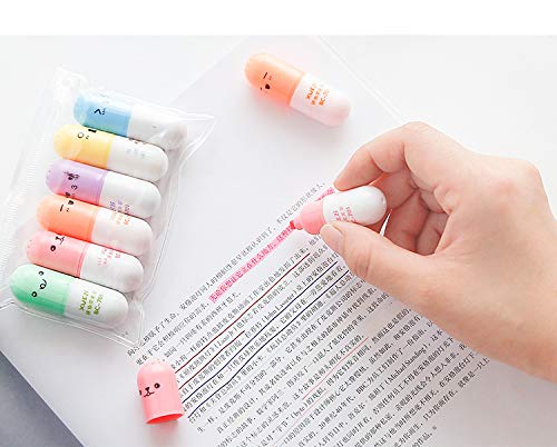 VANVENE 6 Pcs/Set Mini Pill Shaped Highlighter Pens for Writing Cute Face Graffiti Marker Pen Korean Stationery School Office Supplies