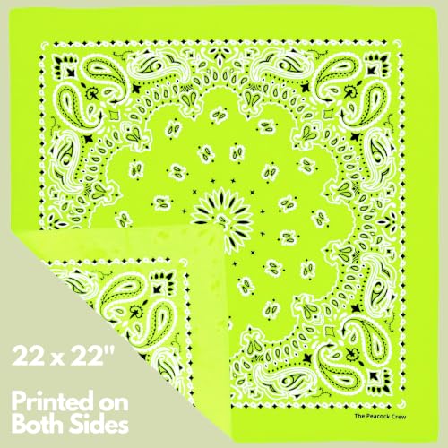 The Peacock Crew Premium Soft Cotton Bandanas Pack for Men and Women Paisley 22 x 22 inches - color: Pack of 10 Lime Green