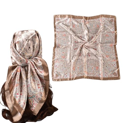 35 Inches Silk Head Scarf-Satin Hair Scarves Silk Bandana Scarf Headscarf for Women's Fashion Scarves - color: Large Floral Cashew Nut - Brown