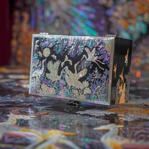 February Mountain Mother of Pearl Jewelry Box – Traditional Korean Design with Cranes and Pine Trees | Handcrafted Wooden Box, Velvet-Lined Interior for Rings, Earrings & Necklaces | Gifts for Women - color: Black-Crane